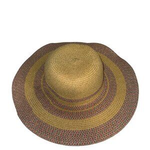 Target Womens Sun Hat Beige/Pink/Turquoise Stripes Wide Brim Beachy Boho Shiny